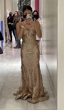 Blush Gold Sequin Mermaid Gown V-Neck Sleeveless Long Formal Evening Dress