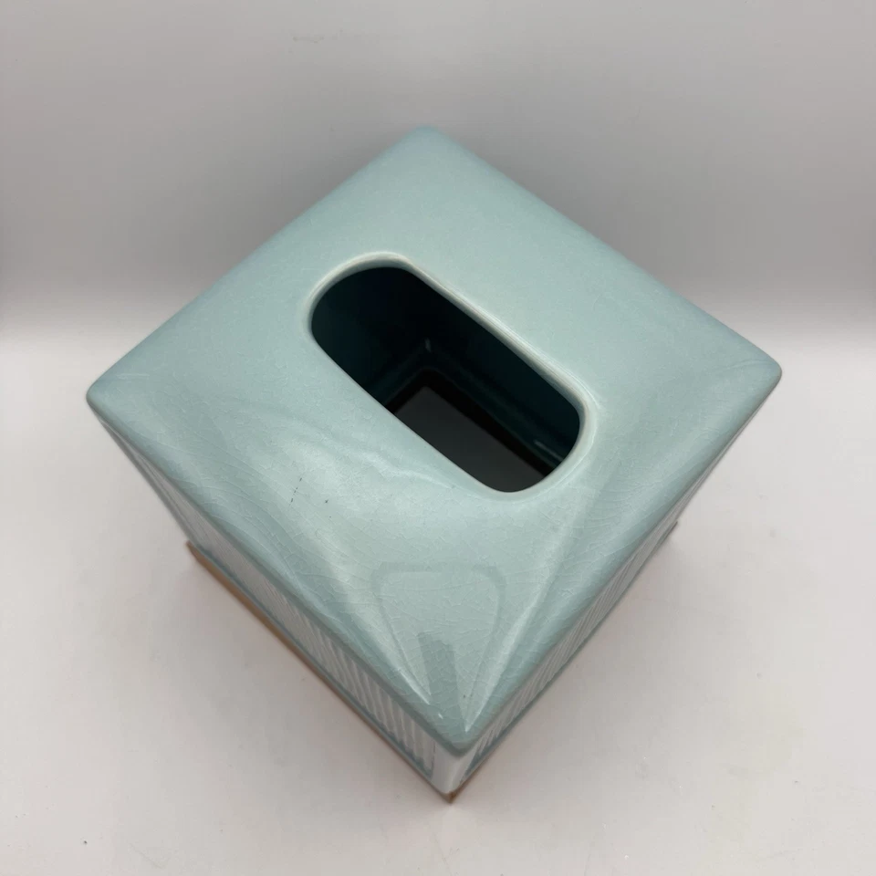 Aqua Blue Ceramic Tissue Box Holder With Wood Cottage Core Nautical Beach Vibes - Image 2 of 4