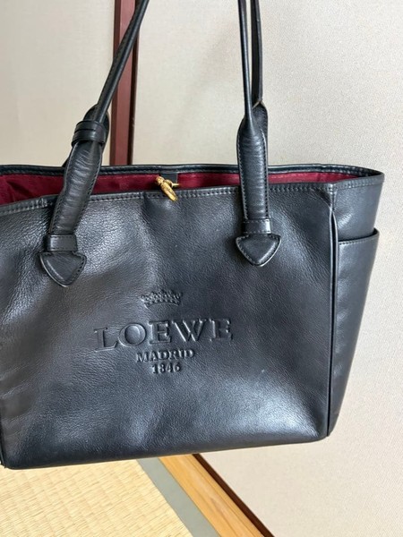 LOEWE Heritage Leather Tote Bag Black Embossed Logo Shoulder Bag W11.0 H10.2 D.1