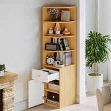 Corner Bookshelf and Bookcase, 71" H Wooden Book Shelves 4 Tier with Drawers and