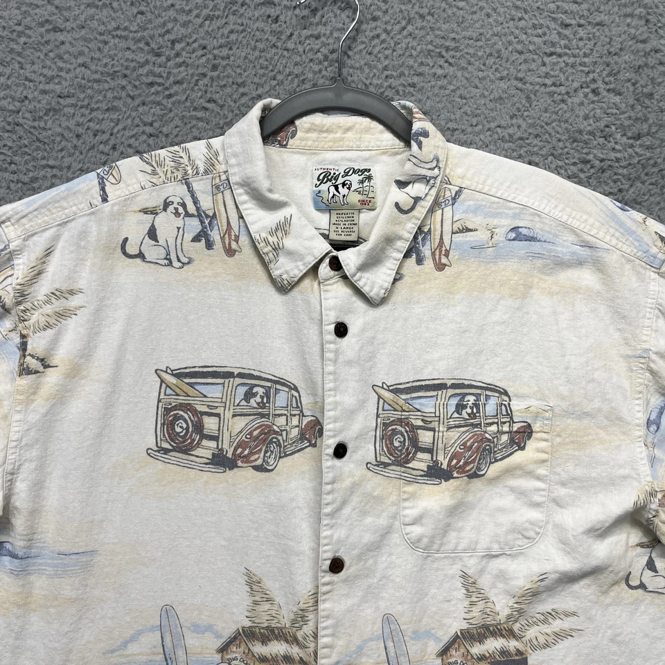 Big Dogs Hawaiian Shirt Mens XL Beige Linen Rayon Surf Dog Woodie Aloha Print - Image 2 of 4