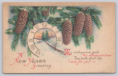 Postcard New Years Greeting Pine Cones and Snowy Limbs Posted 1924