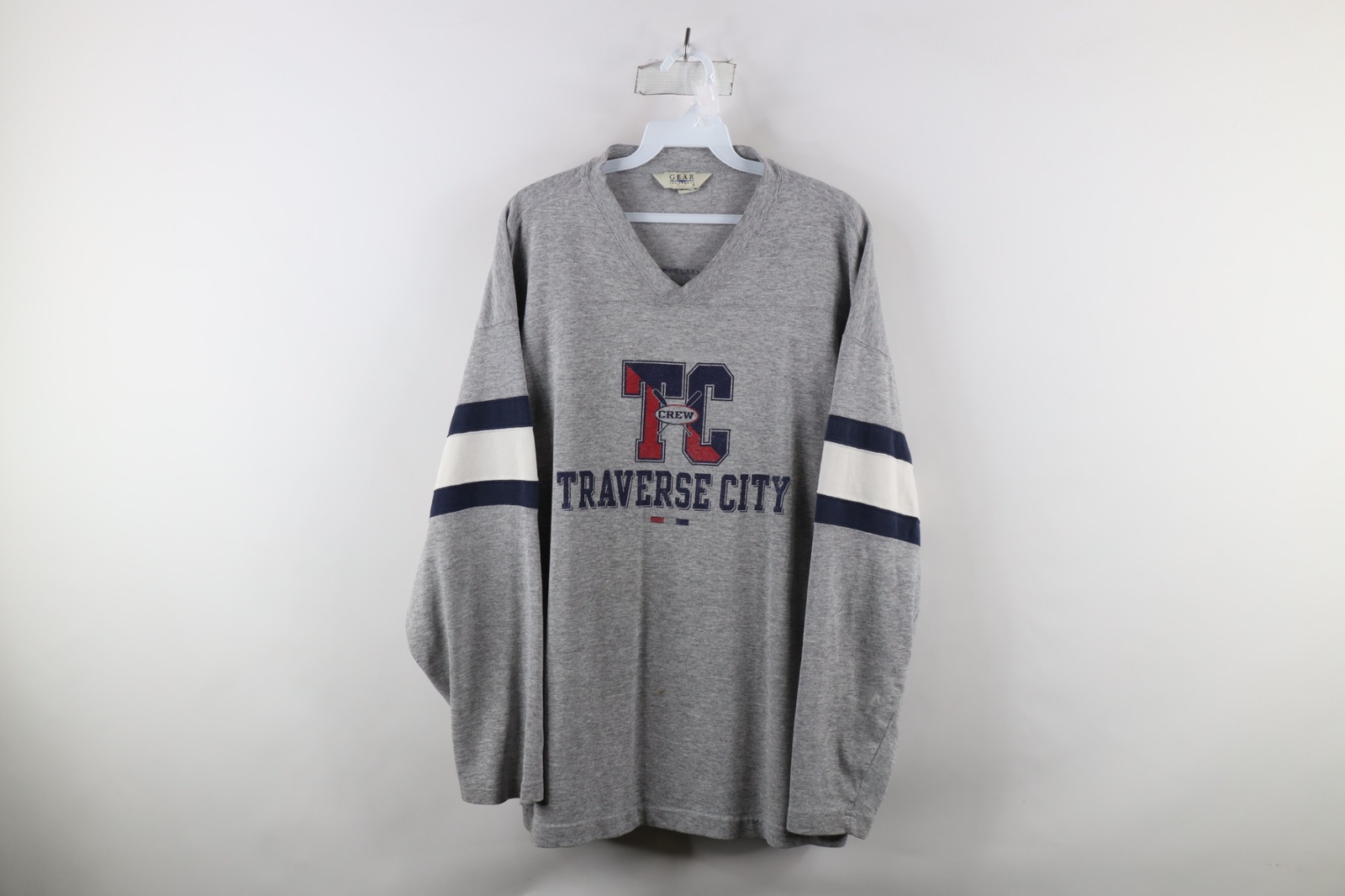 FILA T shirt canottaggio vintage anni 90 uomo grande sbiadita Spell Out Traverse City Michigan Crew