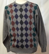 Alan Paine England Heather Gray Lambswool Crew Neck Sweater-M-Geometric Diamonds