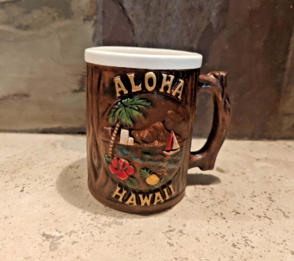 Vintage Aloha Hawaii Coffee Cup Mug Tree Bark Sailboat Pineapple Embossed