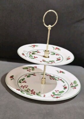 Sango White Christmas Two Tier Tray Cookie Cupcake Display Holly Berries Holiday