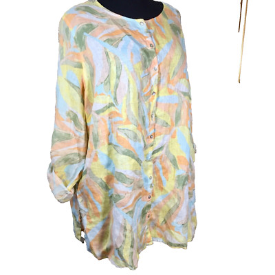 Rachel Zoe 100% Linen Tunic Shirt Womens 2X Button Up Pastel Floral Roll Tab