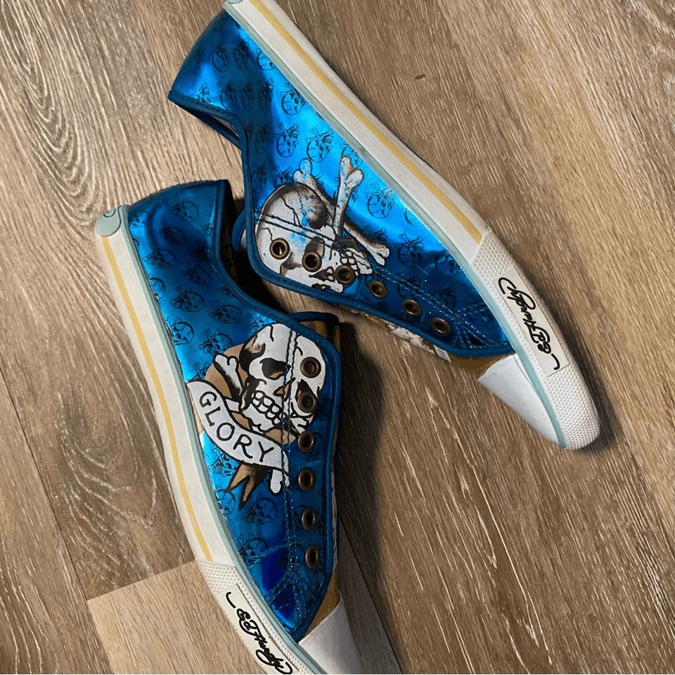Ed Hardy vintage low top pointed toe metallic gold blue Y2K goth sneakers 8 - Image 4 of 4