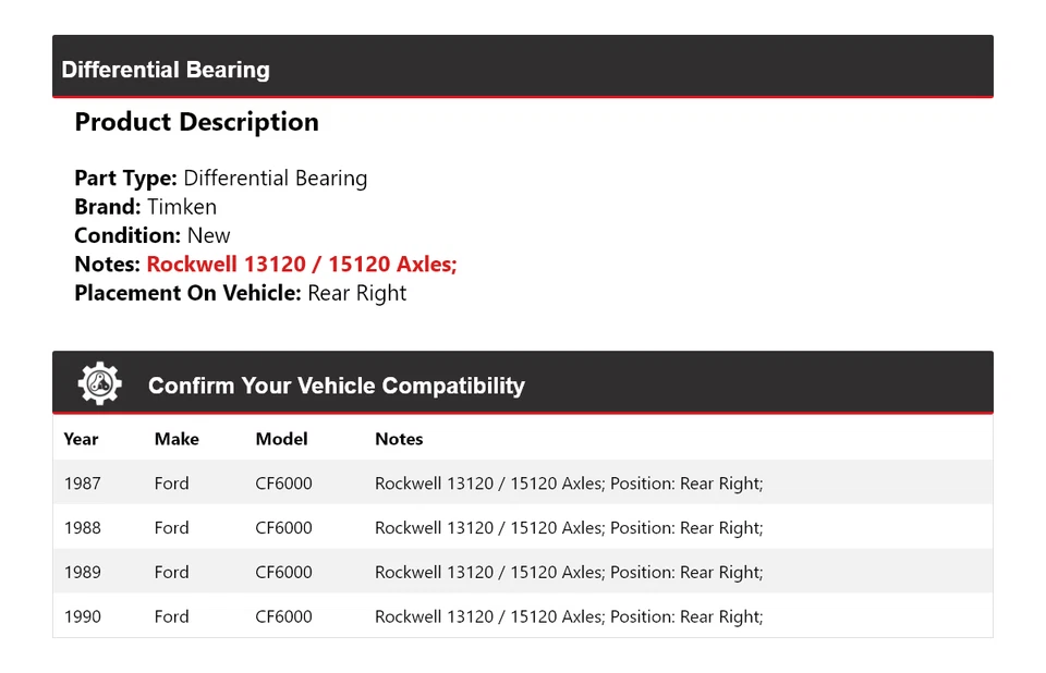 Cojinete diferencial trasero derecho para Ford CF6000 1987-1990 Timken 1988 1989 Foto 2 de 4