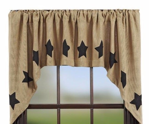 Burlap Natural Cotton w/ Black Stencil Stars Rustic Country Window Swag Set 36"L - Picture 7 of 7