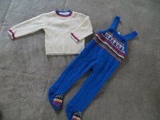 Vintage Mine Alone Japan Baby Blue Red Nordic Sweater Knit Overall Footie Set 9M