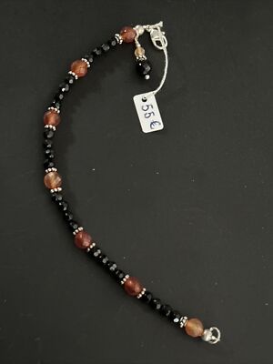 Bracelet Gourmette Ancien En Argent Massif 925 – Maille Perle, Quartz Orange – Bijou Vintage Occasion
