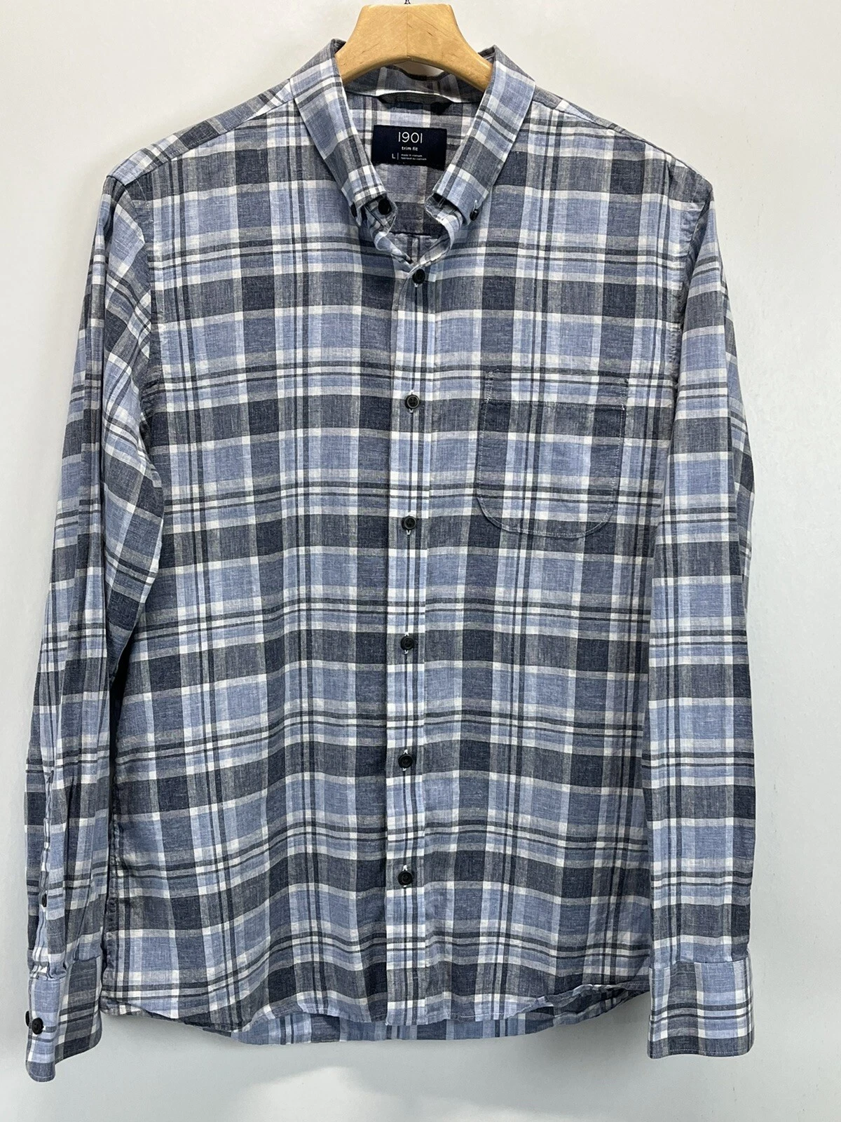 1901 Nordstrom Linen Blend Button Up Shirt Sz Large Mens Plaid Slim Fit Beach