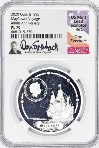 2020 Silver Cook Is. Mayflower $5 NGC PL70; Everhart Signed