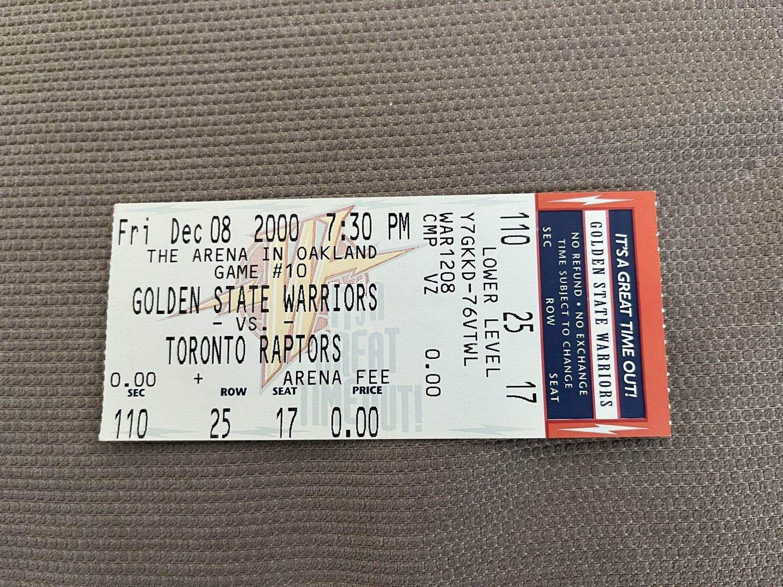Toronto Raptors vs GS Warriors Ticket Stub 12/08/2000 - VINCE CARTER 29 ...