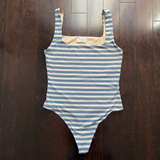 Aritzia Babaton Contour Body Suit Size M Striped Tank Thong Blue Cream Stretch