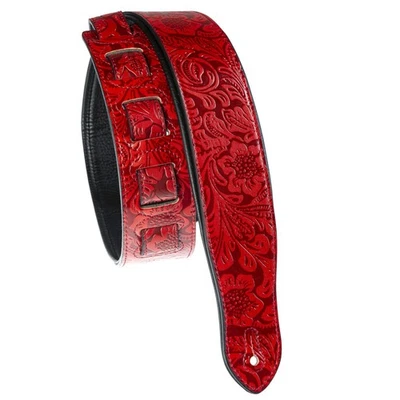Fame Premium Leder Gitarrengurt 1350mm 65mm Floral Muster Rot Gitarre Bass