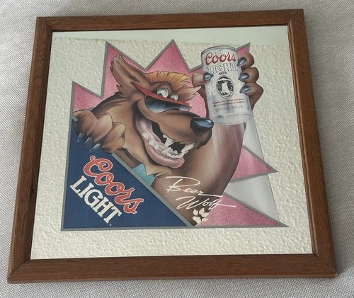 Vintage 1990 Coors Light Beer Sign Mirror Beer Wolf RARE 16x16