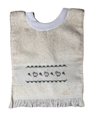 Vintage Handmade Baby Bib Sheep Cross Stitch Terry Cloth Fringe Nursery Decor