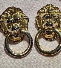 Vintage Kenneth Jay Lane KJL Lion Head Door Knocker Rhinestone Post Earrings 2”