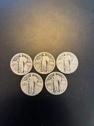 Lot of 5 Standing Liberty Silver Quarters 90% Silver VG/F Original