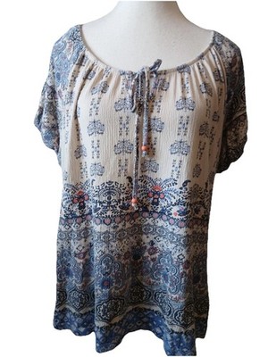 I.b. Diffusion Womens L Floral Print Short Sleeve Boho Blouse Top Spring Summer