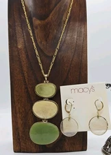 Necklace & Earring Set Green Creme Pendant Pierced 2pc Gold tone Art Deco Macy's