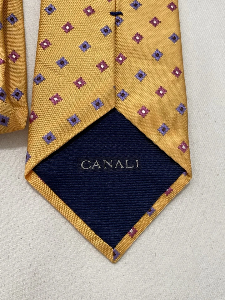 CANALI All Silk 黄色男式领带。 几何图案。 意大利制造。 Ex Con — 第 3/4 张图片