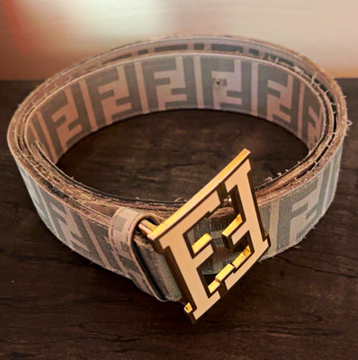 Fendi Women s Gray Logo Pattern Fashion Belt w/ Gold Buckle, Adjustable