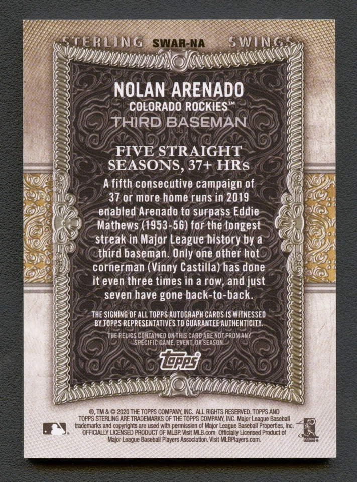 NOLAN ARENADO 2020 TOPPS STERLING SWINGS ROCKIES QUAD PATCH AUTO AUTOGRAPH #3/5 - Image 2 of 2