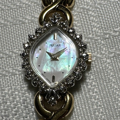 #ad VINTAGE PULSAR WATCH DIAMOND BEZEL MOTHER OF PEARL FACE GOLD SS BAND NEW BATTERY $69.99