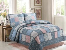Cozy Line French Country Cottage Blue Pink Patchwork Floral Quilt Set