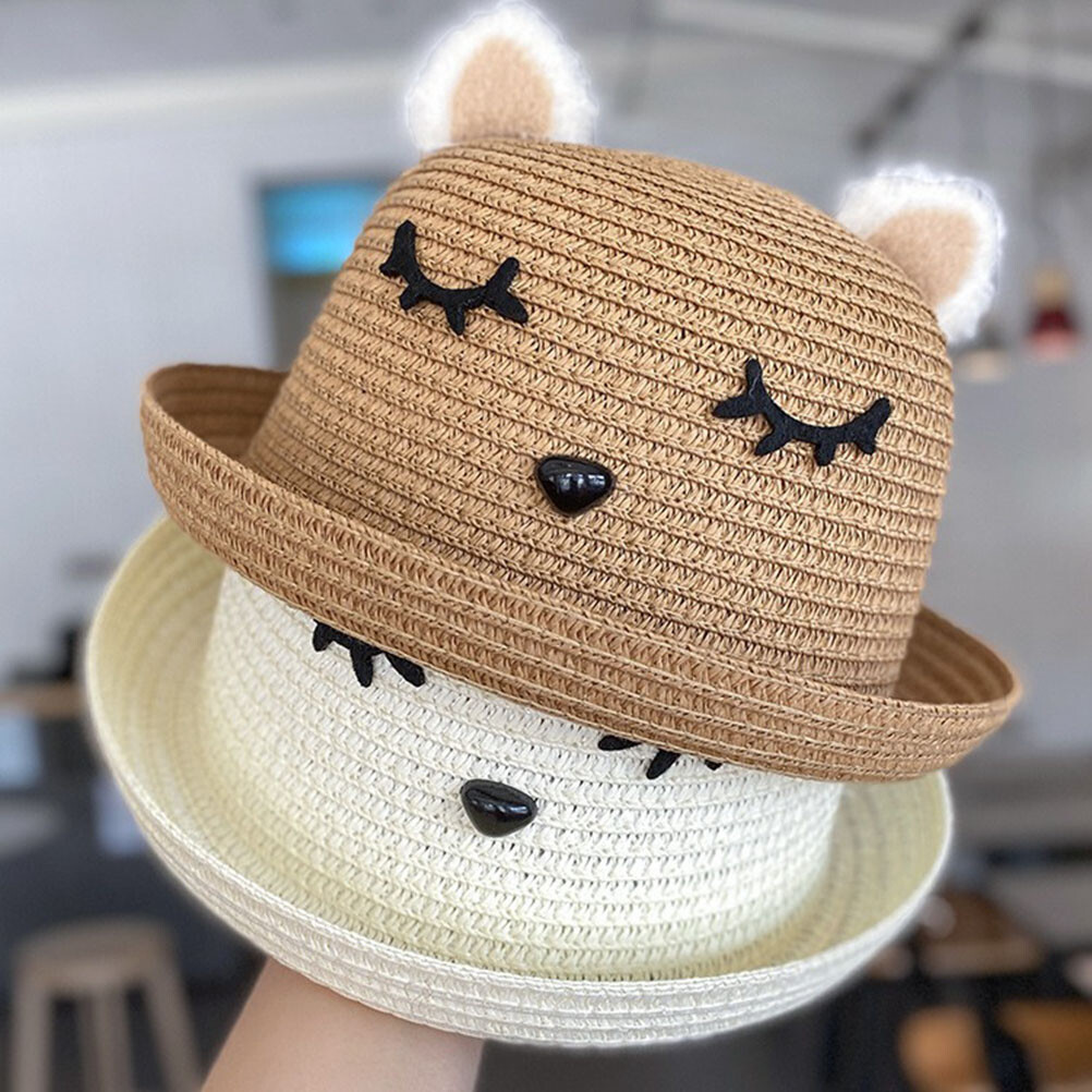 Baby Girl Cute Cat Ears Straw Hat Summer Holiday Beach Sun Hat for 1-3 Yrs  Kids