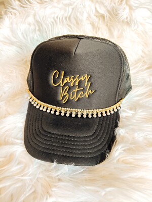 Classy Bitch Gold Pearls Rhinestone Hat Embroidered Otto Brand Foam Trucker