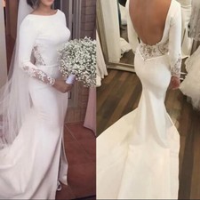 Elegant Satin Wedding Dresses Mermaid Backless Long Sleeves Lace Bridal Gowns