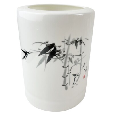 Chinese Asian Porcelain Vase Signed Bamboo Chop Mark Bone China White Black 5''