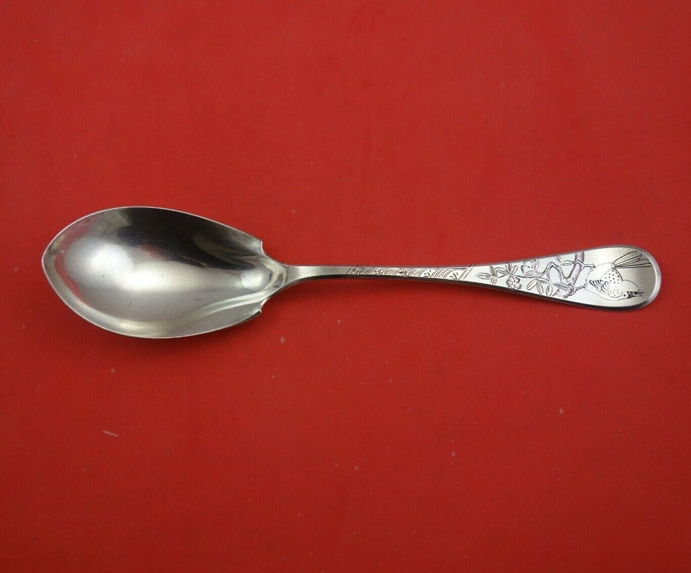King William Engraved by Tiffany and Co Sterling Silver Berry Spoon Bird Branch