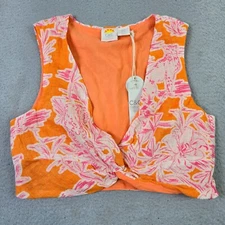 C&C California 100% Linen Crop Top Blouse Orange Pink Floral V-Neck Beach Cover