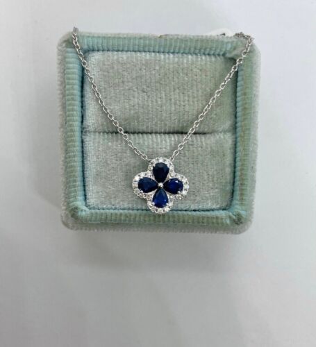 Women's Pendant Necklace White Gold Plated Silver Lab Created 14k Sapphire - Picture 1 of 5