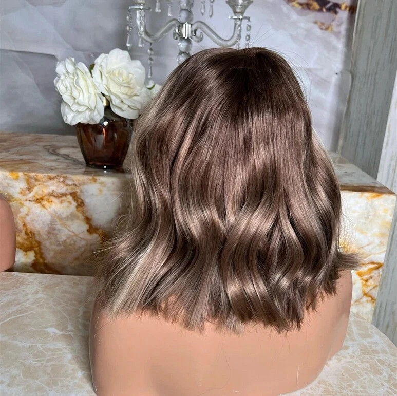 Short Bob Blonde Brown Lace Front  Human Hair Wig Blonde Beach Wavy For Women - Image 4 of 4