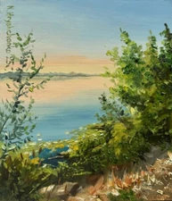 landscape Original Oil Painting RIVER summer 8 x 7 inch