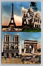 Postcard Paris Views Eiffel Tower Sacre Coeur Notre Dame Arch de Triomphe L890