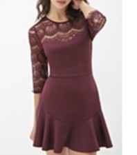 forever 21 burgundy skater mini dress with 3/4 lace sleeves size small