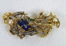 Arthur King 18 Karat Gold Diamond Pearls Lapis Estate Pendant  Brooch 