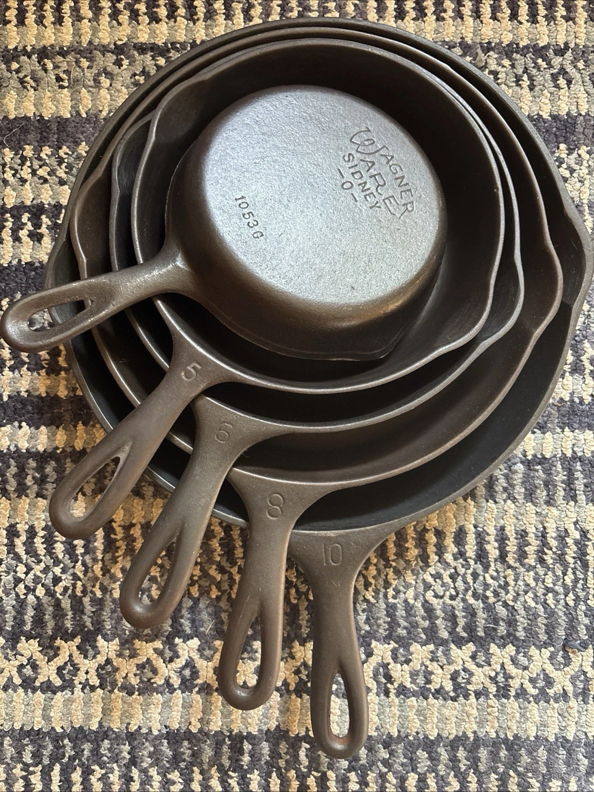 Vintage Wagner Ware Sidney -O #3,5,6,8,10 Cast Iron Skillet Set Restored -Flat