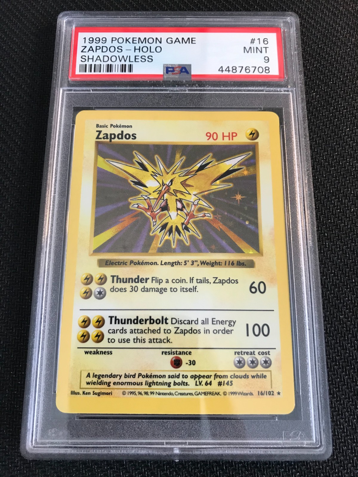 PSA 9 MINT Zapdos 16 Base Set Shadowless Holo Pokemon Card