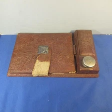 Antique Tooled Leather Lap Travel Desk with Metal Inkwell, ca1890