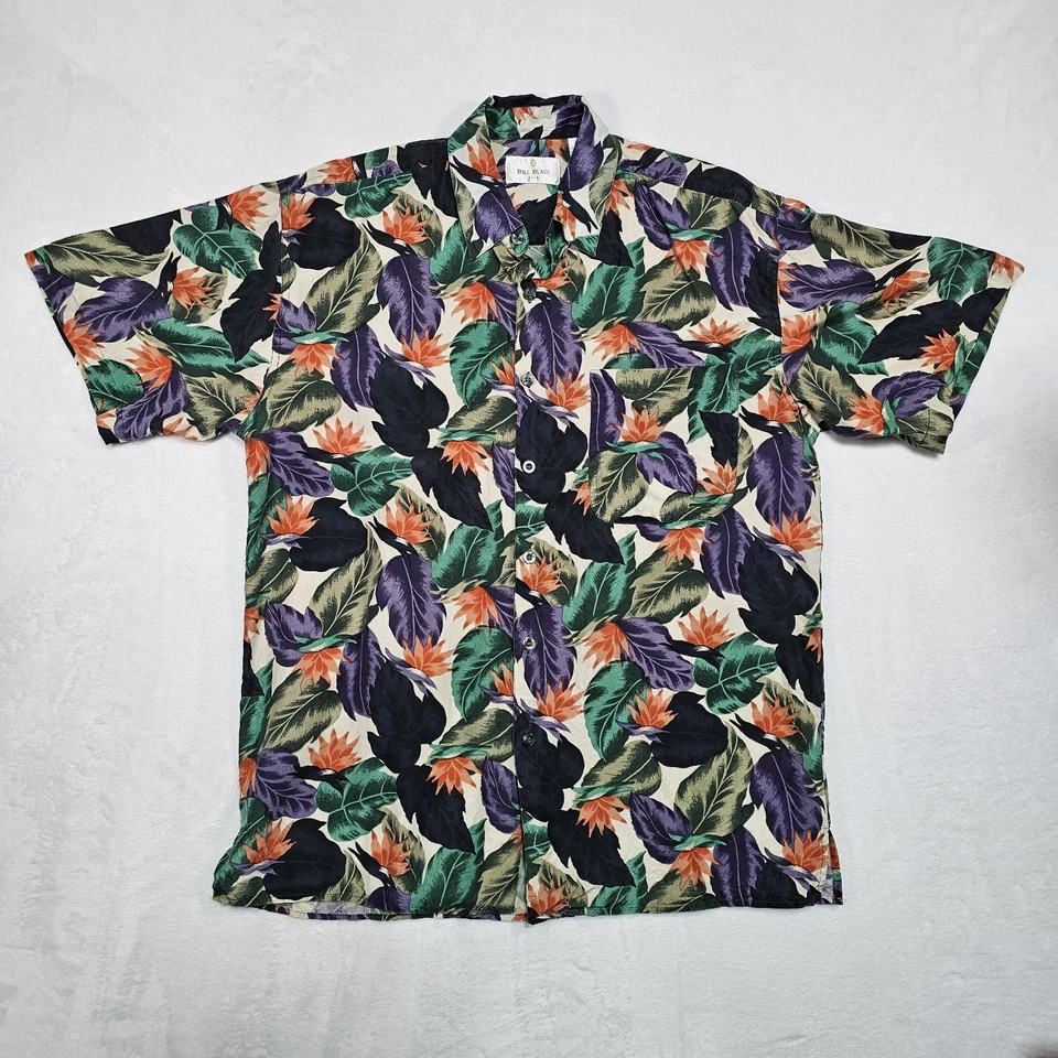 Camisa Hawaiana Bill Blass De Colección Para Hombres L Satén Seda Pájaro del Paraíso Campamento Colorida Foto 2 de 4