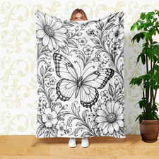 Butterfly Floral Line Art Coral Fleece Blanket