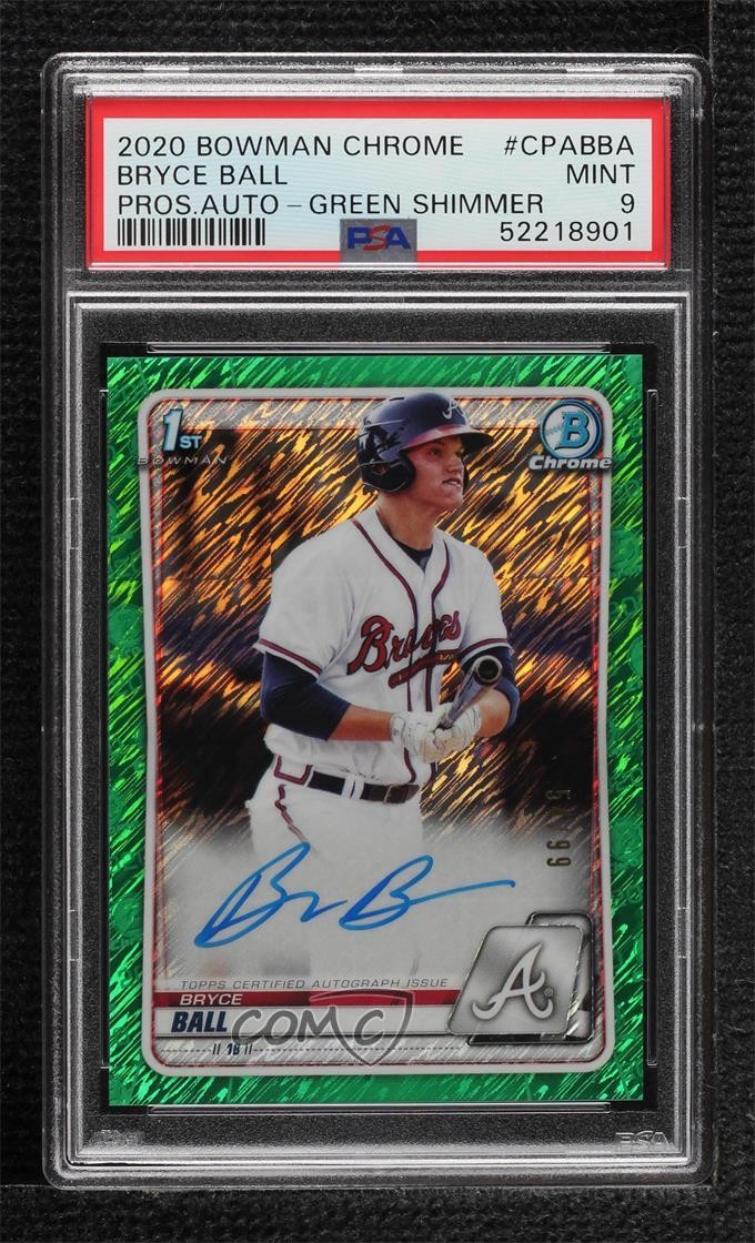 2020 Bowman Chrome Prospects Green Shimmer Refractor /99 Bryce Ball PSA 9 Auto